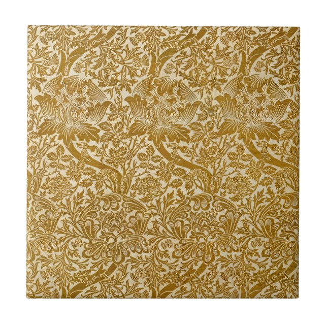 William Morris Rose & Thistle Floral Golden Tile (Front)