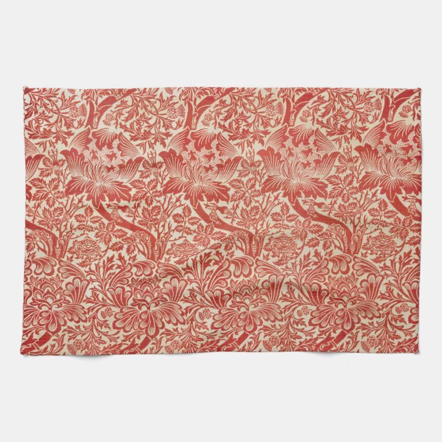 William Morris Rose & Thistle Floral Red Kitchen Towel (Horizontal)