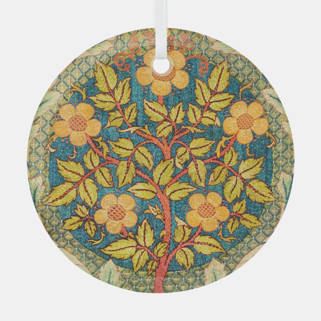 William Morris Rose Wreath: Classic Arts & Crafts  Glass Ornament (Front)