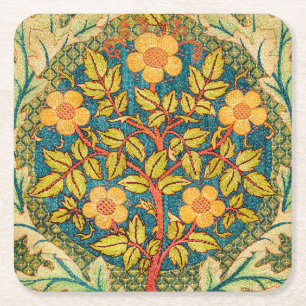 William Morris Rose Wreath: Classic Arts & Crafts Square Paper Coaster