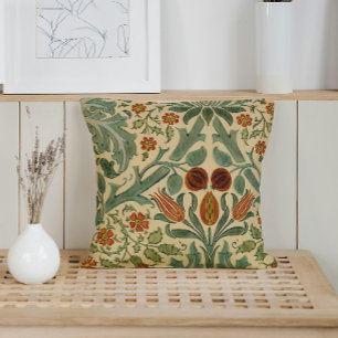 William Morris Sage Green Rust and Cream Floral Throw Pillow