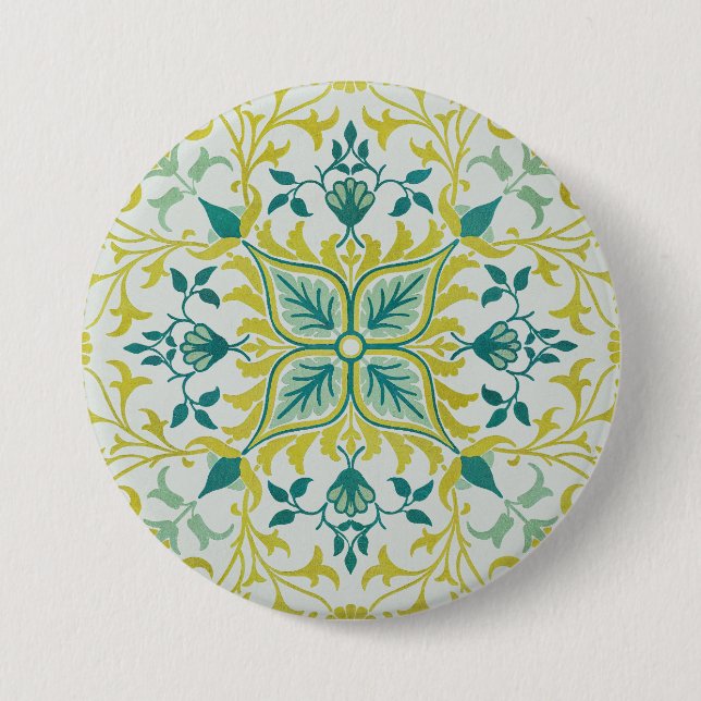 William Morris Seamless Ceiling Lime Green Pattern 3 Inch Round Button (Front)