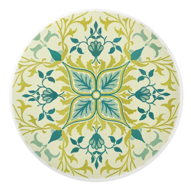 William Morris Seamless Ceiling Lime Green Pattern Ceramic Knob (Front)