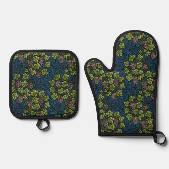 William Morris Seamless Grape Vine Black Pattern Oven Mitt & Pot Holder Set (Front)
