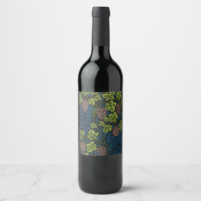 William Morris Seamless Grape Vine Black Pattern Wine Label (Front)
