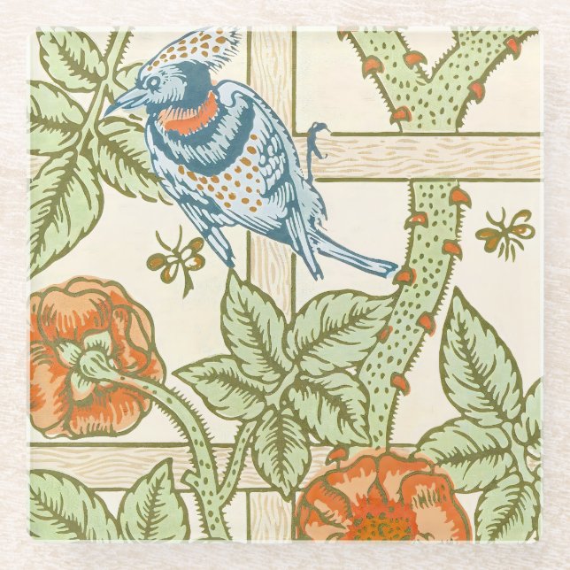 William Morris Seamless Trellis Bird Rose Pattern Glass Coaster (Front)