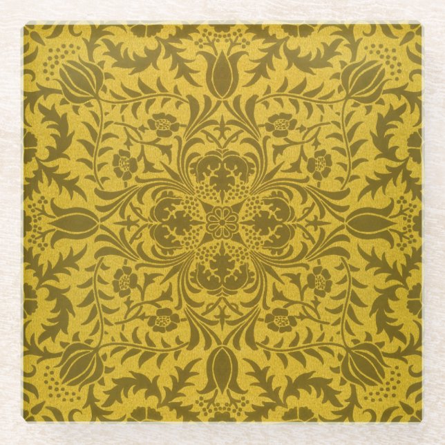 William Morris Seamless Vine Gold Yellow Pattern Glass Coaster (Front)