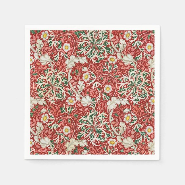 William Morris Seaweed Antique Flower Red Green Napkin (Front)