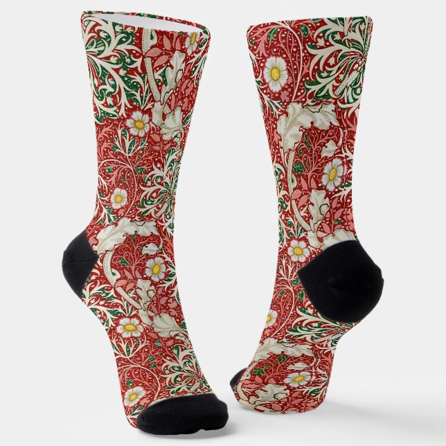 William Morris Seaweed Antique Flower Red Green Socks (Angled)