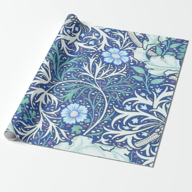 William Morris Seaweed Blue Pattern Wrapping Paper (Unrolled)