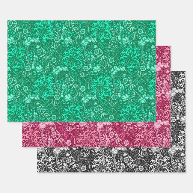 William Morris Seaweed Floral, Aqua Pink & Black Wrapping Paper Sheet (Set)