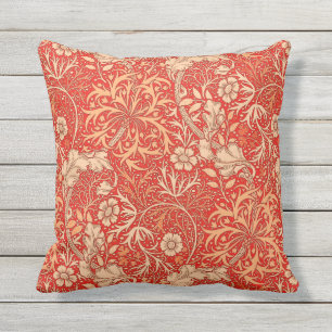 William Morris Seaweed Floral, Deep Coral Orange Throw Pillow