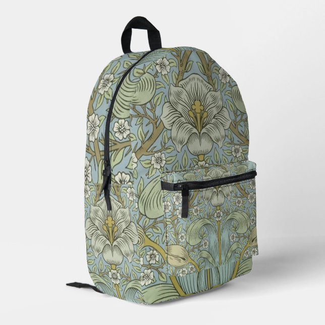 William Morris Spring Thicket: Antique Floral Printed Backpack (Back Corner Left)