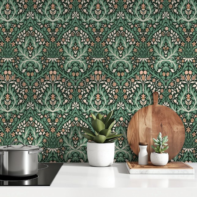 William Morris Spring Thicket Deep Green Peach Wallpaper (Creator Uploaded)