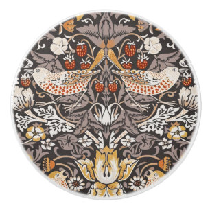 William Morris Strawberry Thief Charcoal Ochre Ceramic Knob