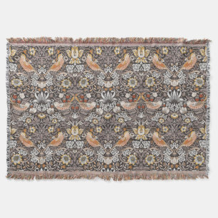 William Morris Strawberry Thief Charcoal Ochre Throw Blanket