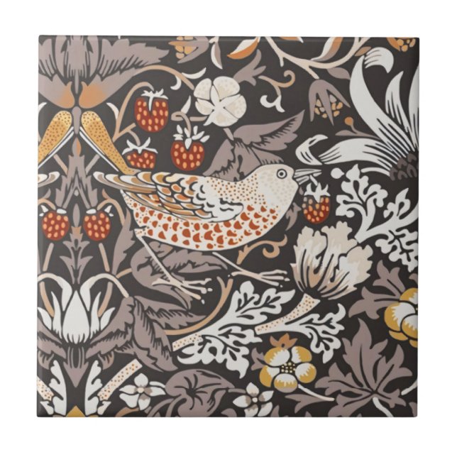 William Morris Strawberry Thief Charcoal Ochre Tile (Front)