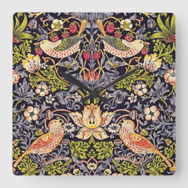 William Morris Strawberry Thief Floral Art Nouveau Square Wall Clock (Front)