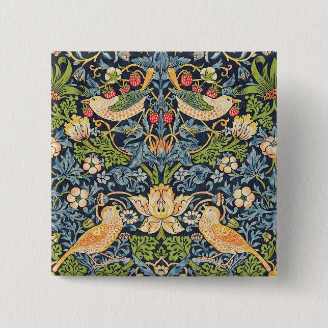 William Morris Strawberry Thief Floral Pattern 2 Inch Square Button (Front)