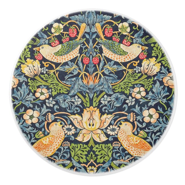 William Morris Strawberry Thief Floral Pattern Ceramic Knob (Front)