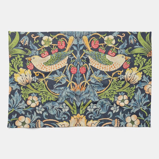 William Morris Strawberry Thief Floral Pattern Kitchen Towel (Horizontal)