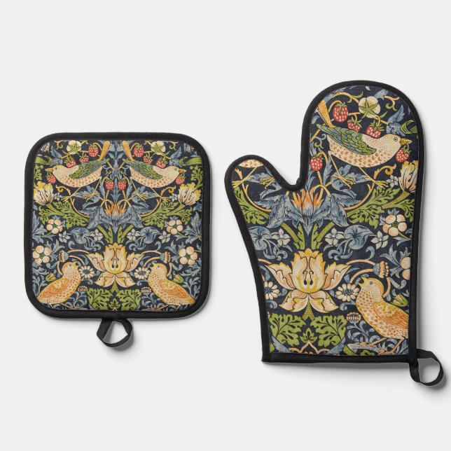 William Morris - Strawberry Thief Floral Pattern Oven Mitt & Pot Holder Set (Front)