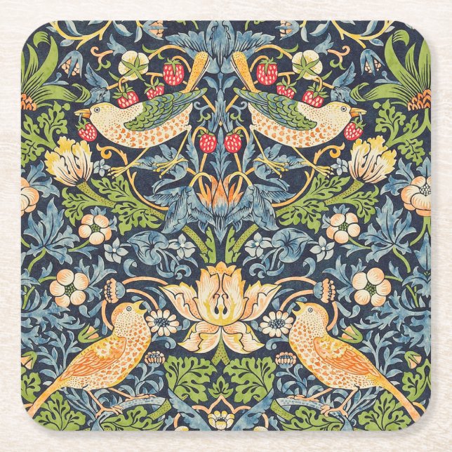 William Morris Strawberry Thief Floral Pattern Square Paper Coaster (Front)