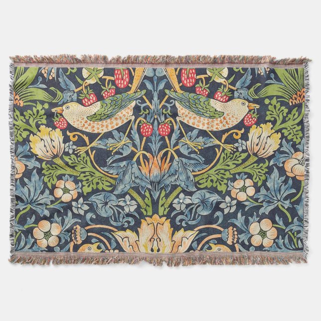 William Morris Strawberry Thief Floral Pattern Throw Blanket (Front)