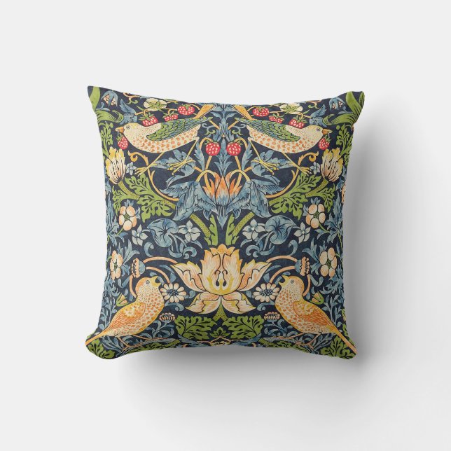 William Morris Strawberry Thief Floral Pattern Throw Pillow (Front)
