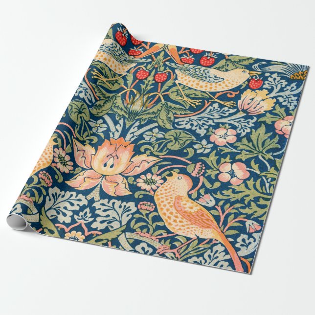 William Morris Strawberry Thief Floral Pattern Wrapping Paper (Unrolled)