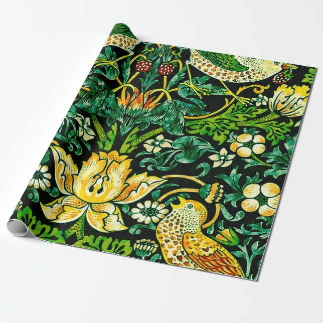 William Morris Strawberry Thief Green And Orange Wrapping Paper (Unrolled)
