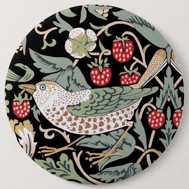 William Morris Strawberry Thief I Black Birds 6 Inch Round Button (Front)