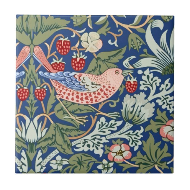 William Morris Strawberry Thief Navy Coral Tile (Front)