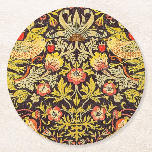 William Morris Strawberry Thief Pattern Round Paper Coaster (Front)