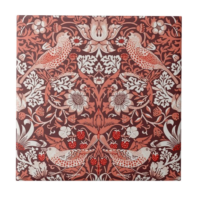 William Morris Strawberry Thief Terracotta Bird Tile (Front)