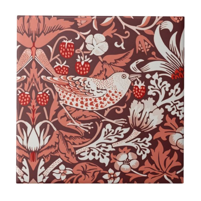 William Morris Strawberry Thief Terracotta Bird Tile (Front)