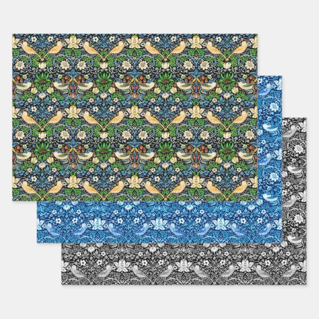 William Morris Strswberry Thief, Multi Blue Black  Wrapping Paper Sheet (Set)