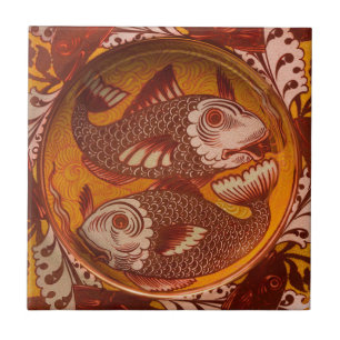 William Morris Style Arts and Crafts Red Fish Art Tile
