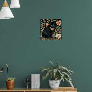 William Morris Style Black Cute Cat Botantical Poster