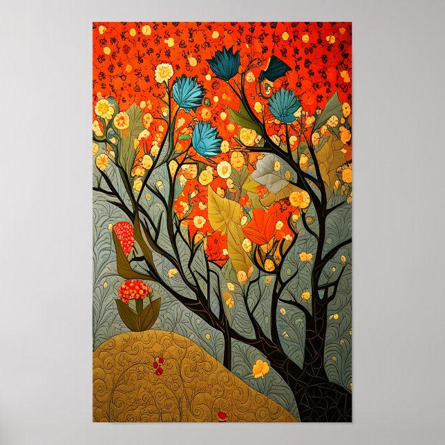 William Morris style decorated trees and flowers Poster (Front)