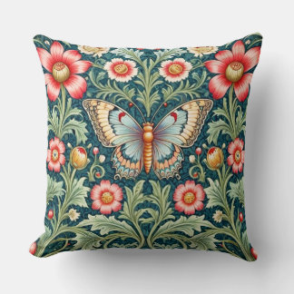 William Morris Style Floral and Butterfly Cushion. Throw Pillow