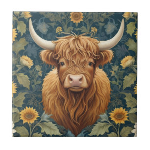 William Morris style Highland Cow Yellow Sunflower Tile