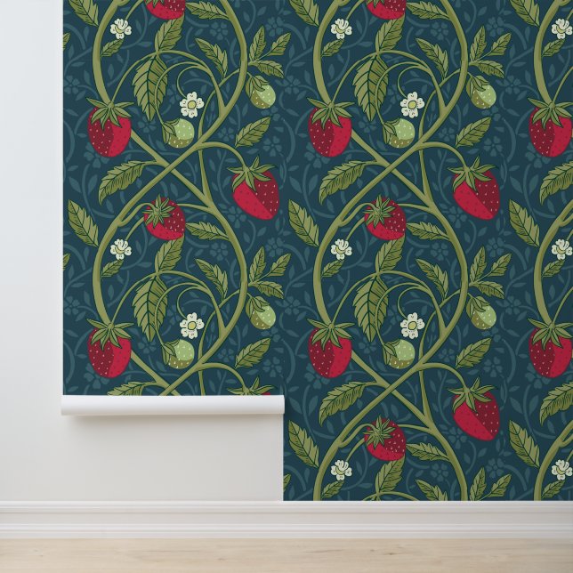 William Morris Style Jade & Red Strawberry Pattern Wallpaper (Application)