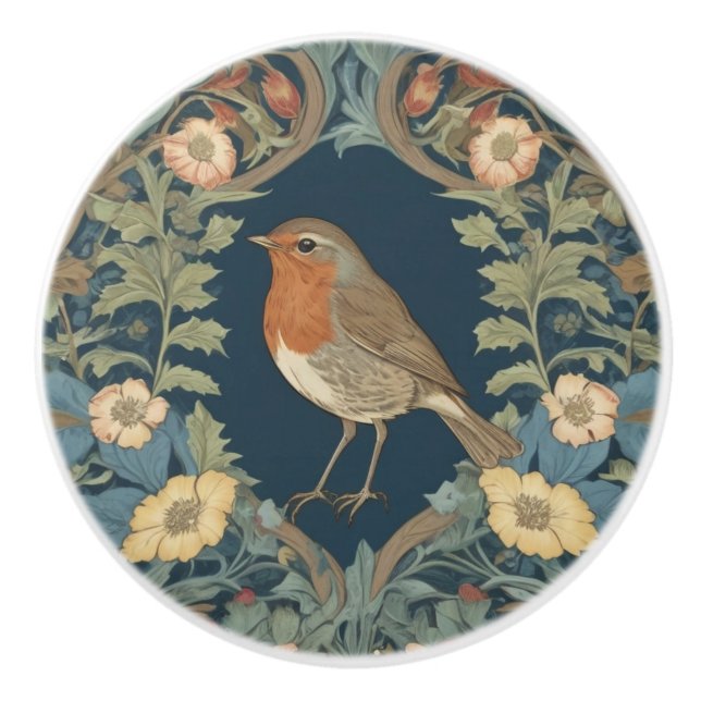 William Morris style L Robin Redbreast Bird Ceramic Knob (Front)