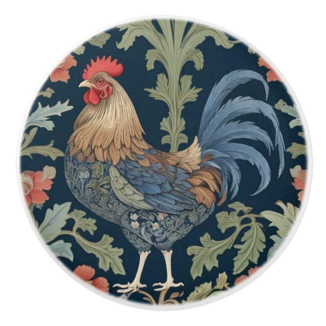 William Morris style Left facing Floral Chicken Ceramic Knob (Front)
