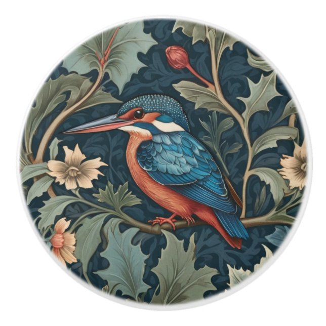 William Morris style Left facing Kingfisher Bird Ceramic Knob (Front)
