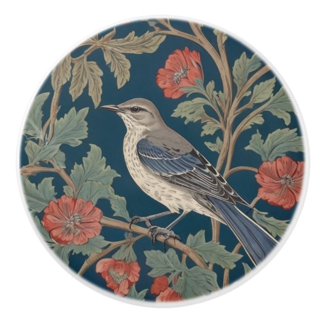 William Morris style Left facing Mockingbird Bird Ceramic Knob (Front)