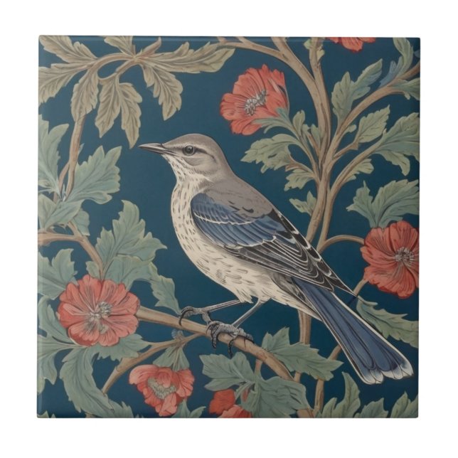 William Morris style Left facing Mockingbird Bird Tile (Front)