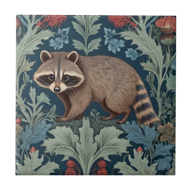 William Morris style Left Facing Raccoon Tile (Front)