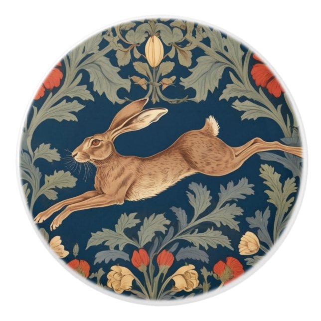 William Morris style Left Facing Running Hare Ceramic Knob (Front)